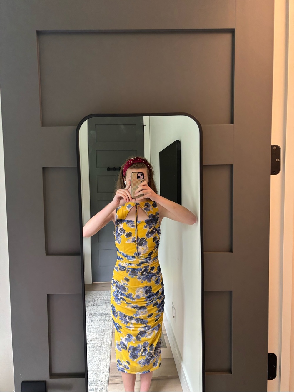 Black Halo Yellow Floral Ruched Midi Dress with Blue Accents